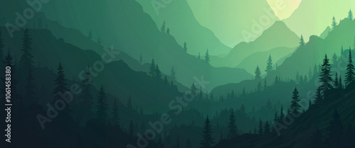 Misty Mountain Landscape in Serene Green Tones Representing Tranquil Nature