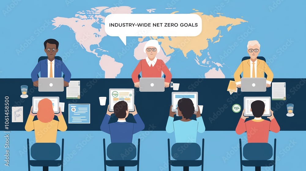 Diverse group discussing global industry goals around a conference table with laptops and maps, emphasizing collaboration and innovation. Diverse group discussing global industry goals around a conference table with laptops and maps, emphasizing collaboration and innovation.
