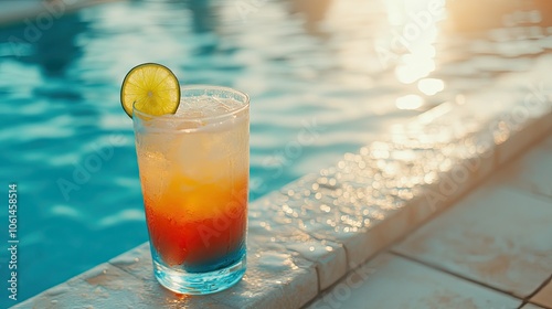 Glass of colorful cocktail with a slice of lime, placed on the edge of a resort pool, capturing an idyllic tropical vacation setting