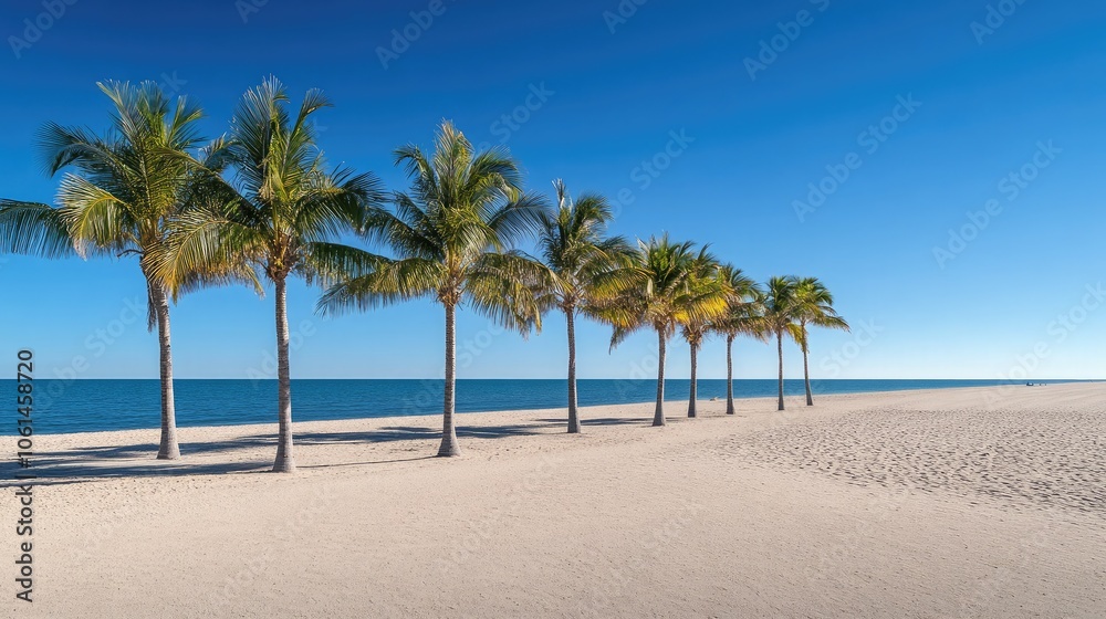 Serene Beach with Palm Trees Under Clear Blue Sky Serene Beach with Palm Trees Under Clear Blue Sky