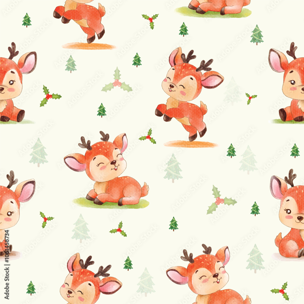 Fototapeta premium Seamless pattern of adorable cartoon reindeer in various poses with festive greenery on a light background.