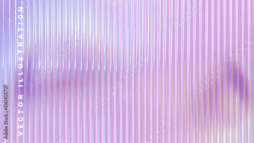 Ribbed glass with pastel colors. 3D glass background with refraction and holographic effect. Vector illustration. Pink background with stripes