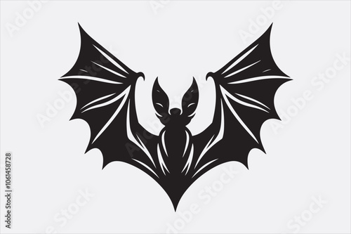 A black silhouette of a flying bat with outstretched wings.