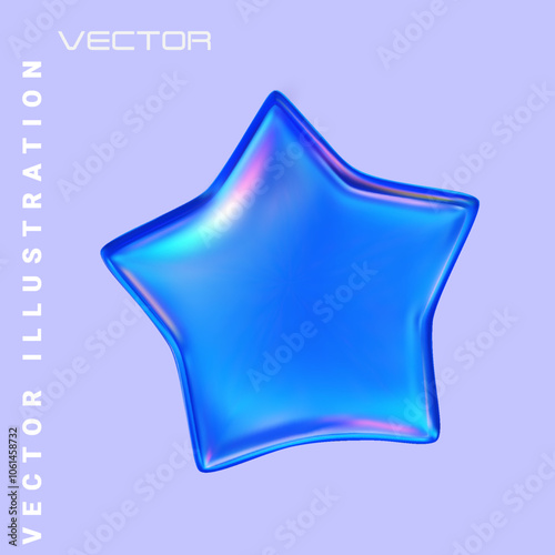 3d glass star. Glossy iridescent geometric shape. 3d vector illustration .Blue star icon