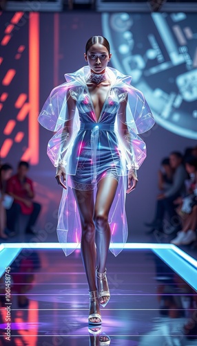 Model showcases futuristic transparent outfit on runway during fashion show