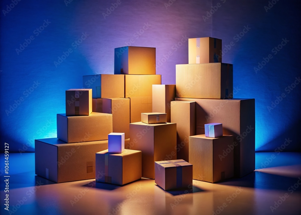 Night Photography of Cardboard Boxes on White Background for E-commerce, Packaging, Minimalism, and Creative Displays Night Photography of Cardboard Boxes on White Background for E-commerce, Packaging, Minimalism, and Creative Displays