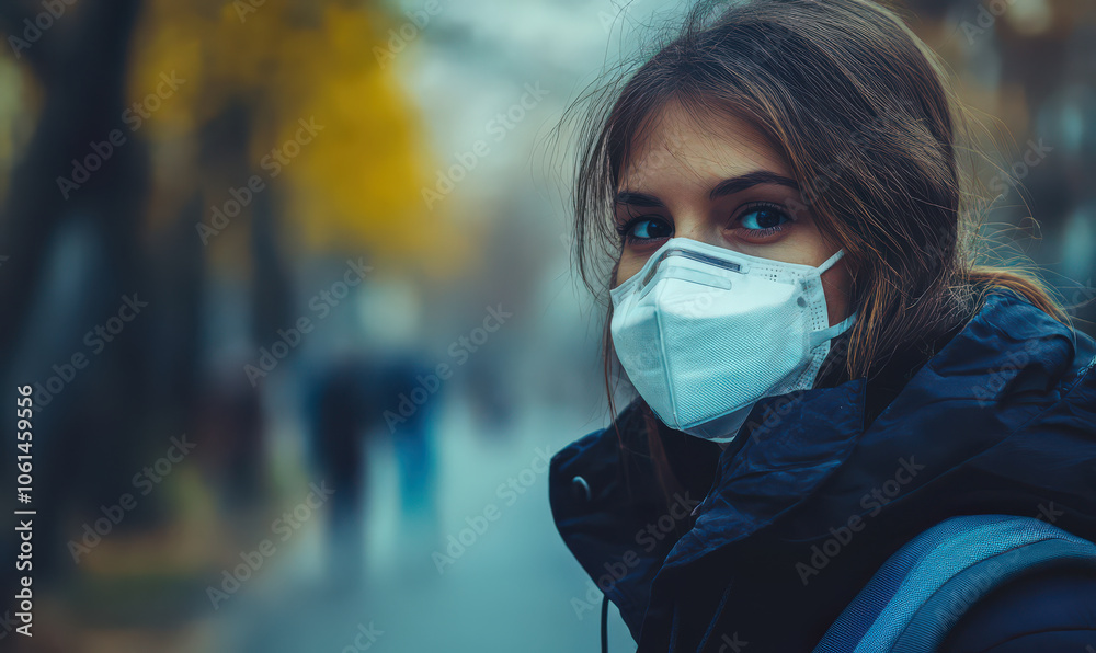Young woman wearing face mask, looking serious and concerned in city Young woman wearing face mask, looking serious and concerned in city
