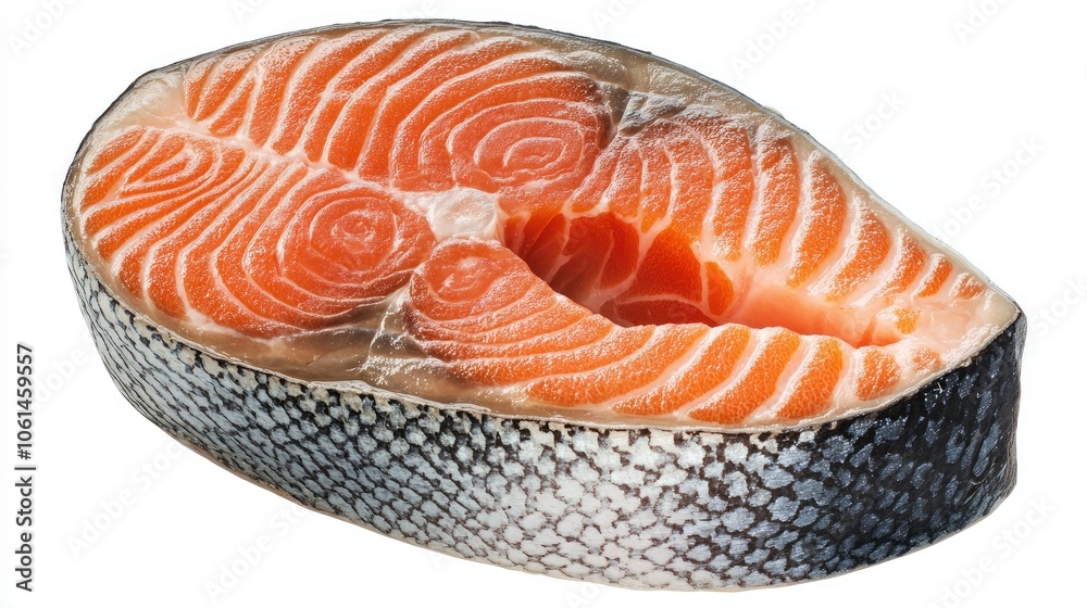 High-quality image of a raw salmon steak with visible marbling, bright orange color, isolated on a clean white background High-quality image of a raw salmon steak with visible marbling, bright orange color, isolated on a clean white background