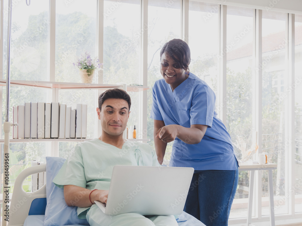 Business physical caucasian man and nurse two person sick smile happy laying in bed looking talk and hand holding computer laptop working job successful while recuperating body in hospital clinic . Business physical caucasian man and nurse two person sick smile happy laying in bed looking talk and hand holding computer laptop working job successful while recuperating body in hospital clinic .