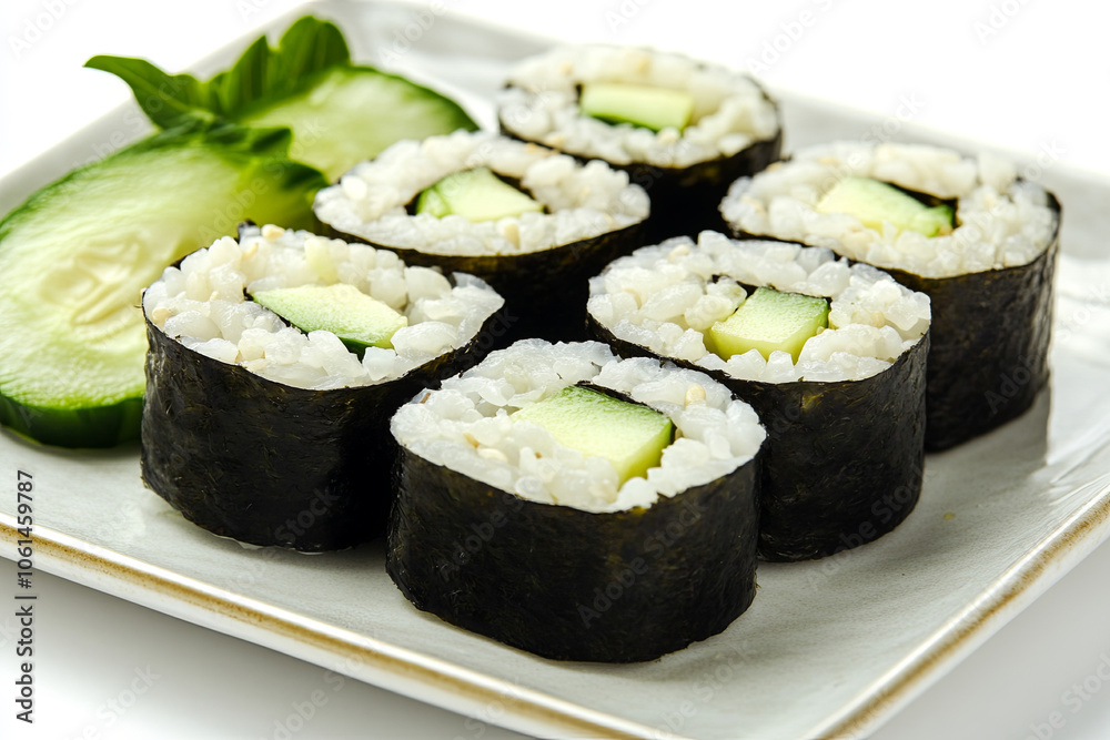 Plate of vegan sushi with avocado, cucumber, and brown rice served with soy sauce Plate of vegan sushi with avocado, cucumber, and brown rice served with soy sauce