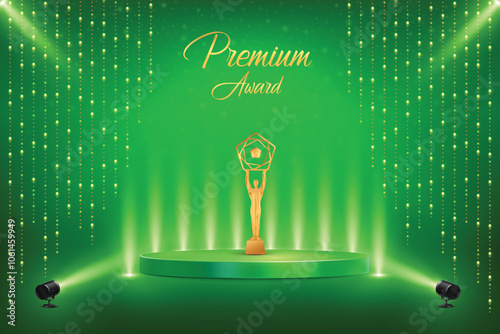 Premium Award On Podium With Set Of Hanging Lights On Green Background. Royal Ethnic Theme Elements Concept Design Vector Illustration For Grand Music Concert, Movie, Party, Festival Celebration Etc.