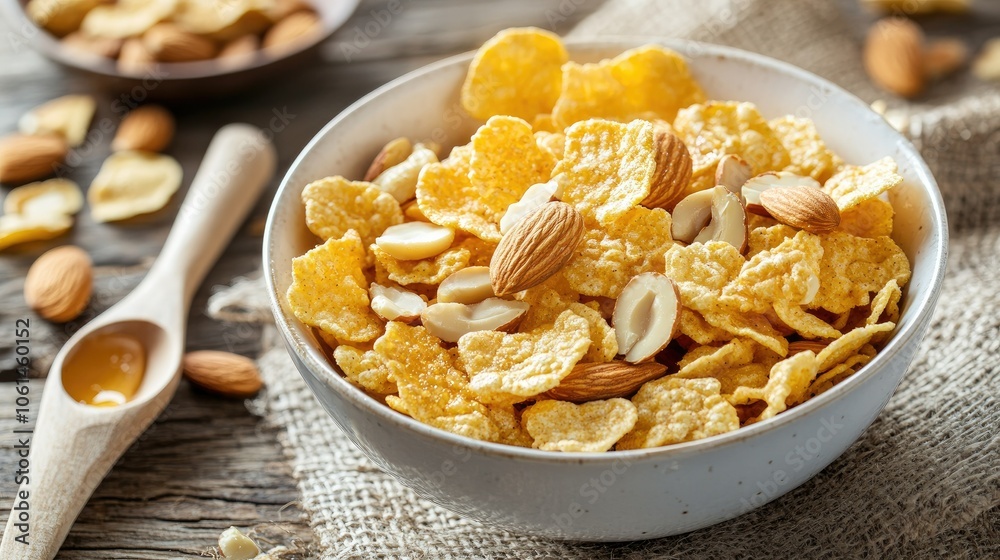 Honey cornflakes topped with almonds, cashews, and honey drizzle, served on a rustic table with wooden spoon and cozy atmosphere Honey cornflakes topped with almonds, cashews, and honey drizzle, served on a rustic table with wooden spoon and cozy atmosphere