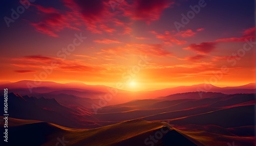 sun rising over hills, with warm, energizing colors shifting from red to gold, symbolizing a fresh start