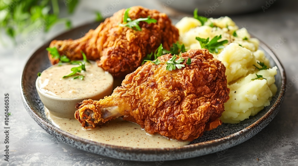 Crispy fried chicken, mashed potatoes, and creamy sauce. Crispy fried chicken, mashed potatoes, and creamy sauce.