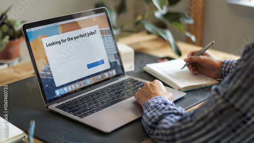 Person using a laptop with a job application open, writing notes in a notebook.