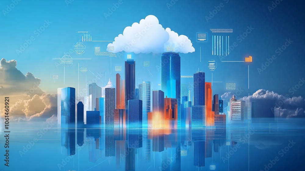 Fototapeta premium Cloud computing cityscape with digital data icons.