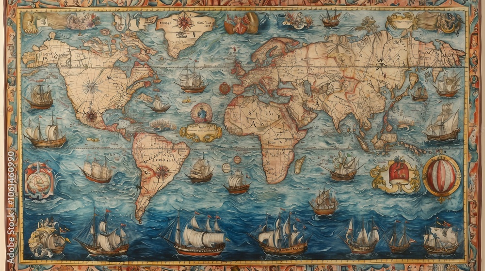 Obraz premium Hand-drawn world map with ships and a compass.