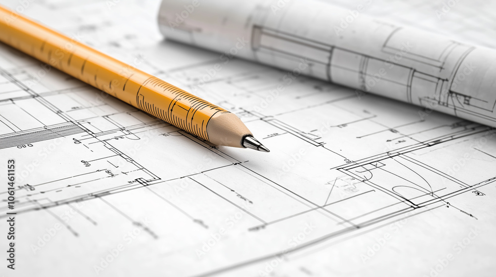 Pencil resting on architectural blueprint.. Pencil resting on architectural blueprint..
