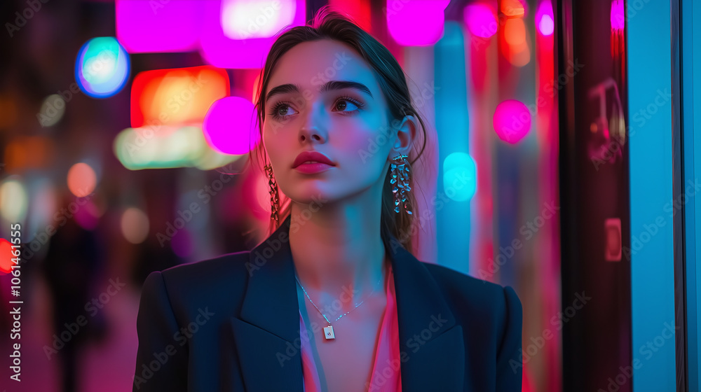 Woman in suit looks away with blurred city lights in the background.. Woman in suit looks away with blurred city lights in the background..