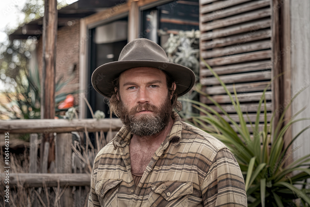 Man with a rugged beard and hat, set against a rustic background Man with a rugged beard and hat, set against a rustic background