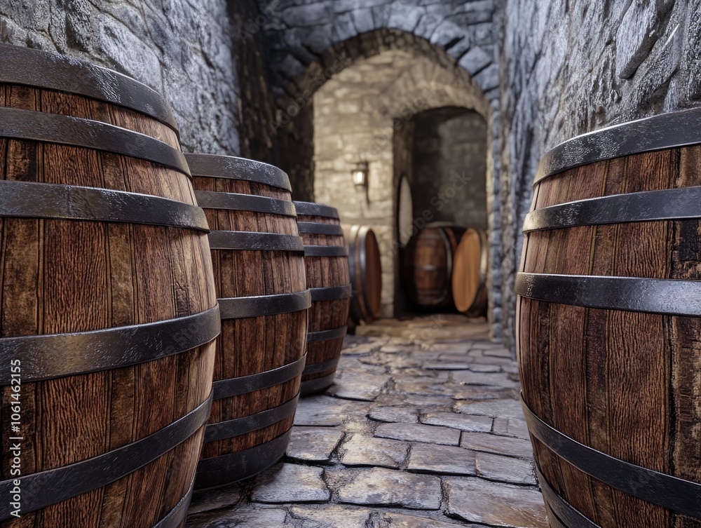 Wooden Barrels in Tunnel Wooden Barrels in Tunnel