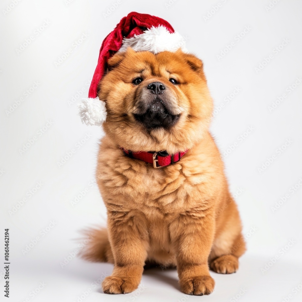 Obraz premium Chow chow dog wearing a santa hat background collar white.