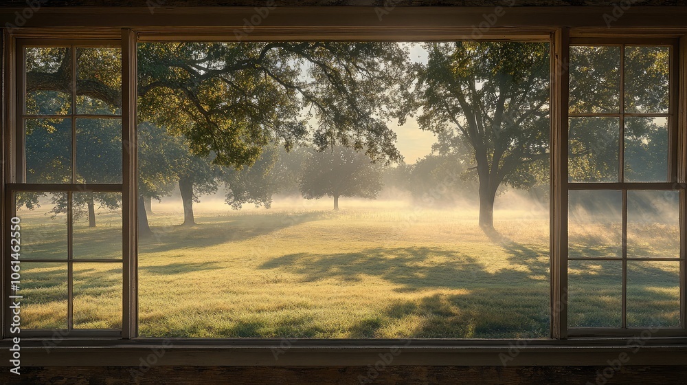 Serene Morning View Through a Rustic Window Serene Morning View Through a Rustic Window