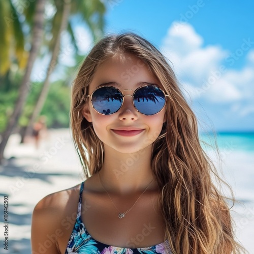 Smiling teen in shades on tropical beach.