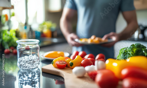 Fototapeta Naklejka Na Ścianę i Meble -  Man preparing healthy meal in kitchen with fresh vegetables