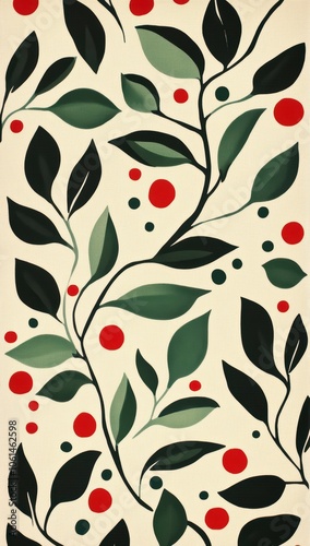 A Christmas pattern with holly leaves and red berries in shades of green, red, and white on a cream background, cozy Christmas pattern