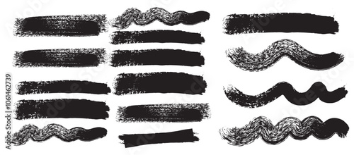 Collection of vector paint bold brush strokes, hand drawn thick grunge lines and rectangle shapes. Sketchy bold horizontal lines. Black ink brush strokes and banners. Grunge marker highlight underline