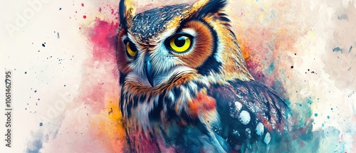 Close-up portrait of a majestic owl with vibrant watercolor splatters in the background.