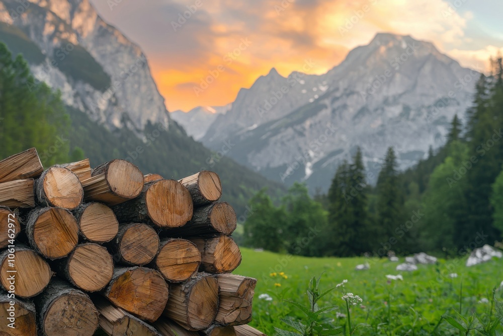 A serene mountain landscape at sunset, featuring a stack of logs in the foreground and majestic peaks in the background. A serene mountain landscape at sunset, featuring a stack of logs in the foreground and majestic peaks in the background.