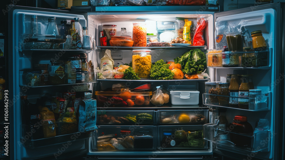 The fridge is packed with food and ingredients. The fridge is packed with food and ingredients.