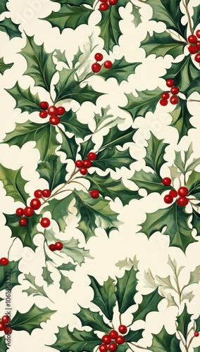 A Christmas pattern with holly leaves and red berries in shades of green, red, and white on a cream background, cozy Christmas pattern