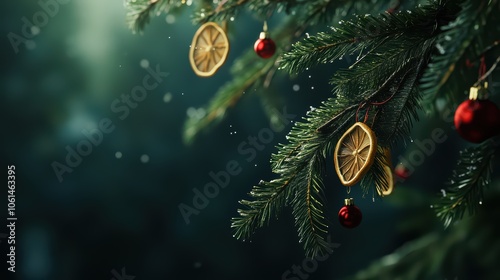 A close-up of an evergreen tree, decorated with small red and gold ornaments, pinecones, and dried orange slices hanging from the branches, cozy Christmas vibes