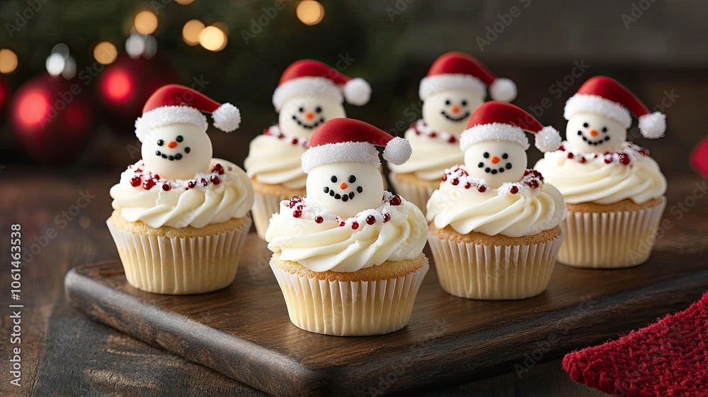 Mini cupcakes decorated like snowmen and Santa hats, with frosted snowflake accents and a cozy holiday background Mini cupcakes decorated like snowmen and Santa hats, with frosted snowflake accents and a cozy holiday background