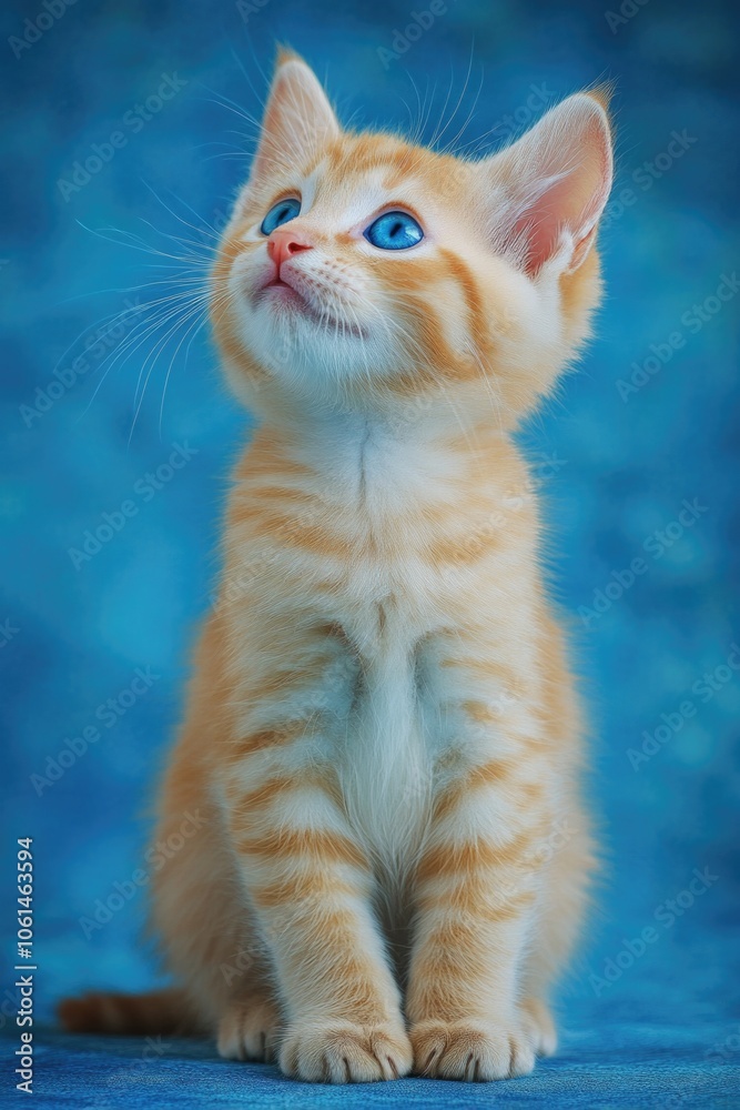 Fototapeta premium Small orange kitten on blue surface