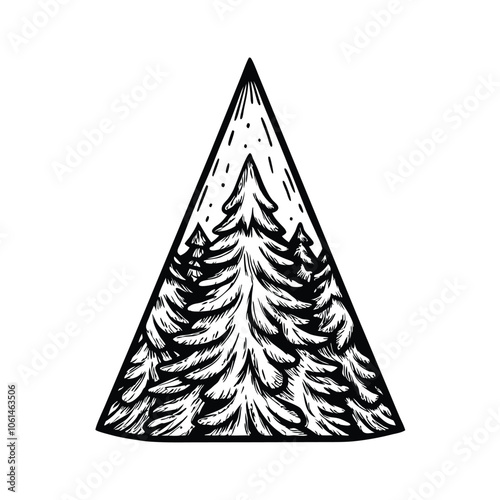 Generate an image of a stylized pine tree silhouette, with its interior space filled with abstract mountain shapes, evoking a sense of natural harmony and strength.