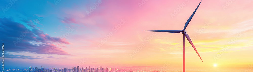Naklejka premium stunning sunset over city skyline with wind turbine in foreground, showcasing renewable energy and vibrant sky filled with pink and blue hues