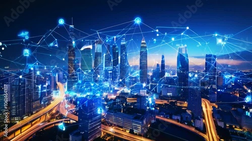 Wallpaper Mural Banner smart city dot point connect with gradient line, connection technology metaverse concept. Bangkok city background at night with big data in Thailand, Panorama view Torontodigital.ca