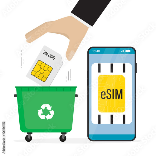 Hand throws standard simcard out into trash can. Esim, smartphone with embedded sim card, modern technology. Electronic digital card microchip, new mobile communication technology.