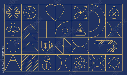 Christmas geometric abstract background. Advent calendar. Concept minimal season design. Vector  illustration. Blue and gold colors