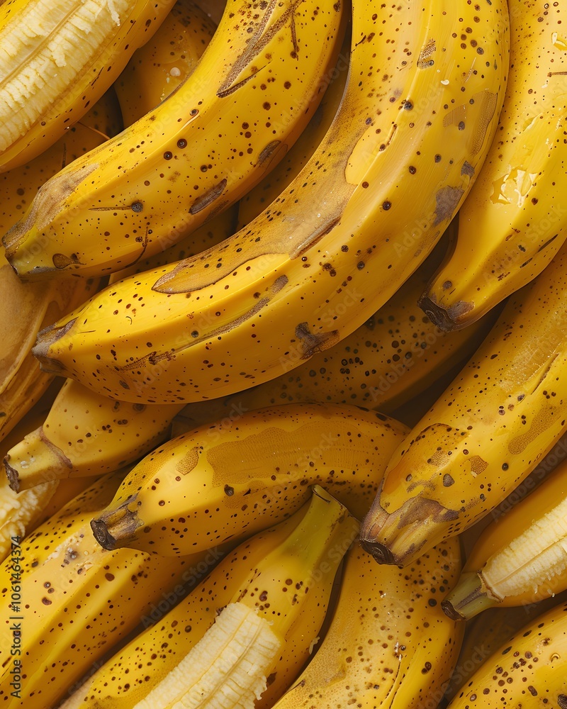 A close-up of ripe, speckled bananas stacked together. A close-up of ripe, speckled bananas stacked together.