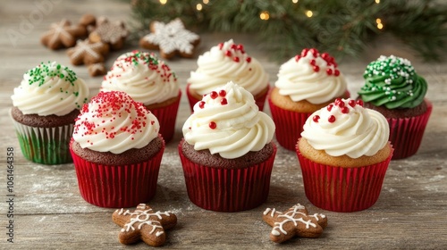 Mini holiday cupcakes decorated with peppermint candy, gingerbread, and red and green sprinkles, displayed on a rustic table