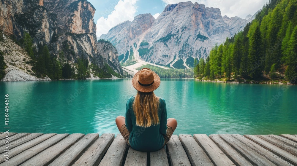 A woman sits on a wooden dock overlooking a serene lake with majestic mountains in the background, enjoying the tranquility of nature.