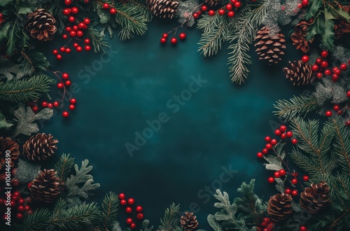 Christmas-themed frame border with red ornaments and pine branches on a dark background, in a flat lay view and blank space for any text or logo