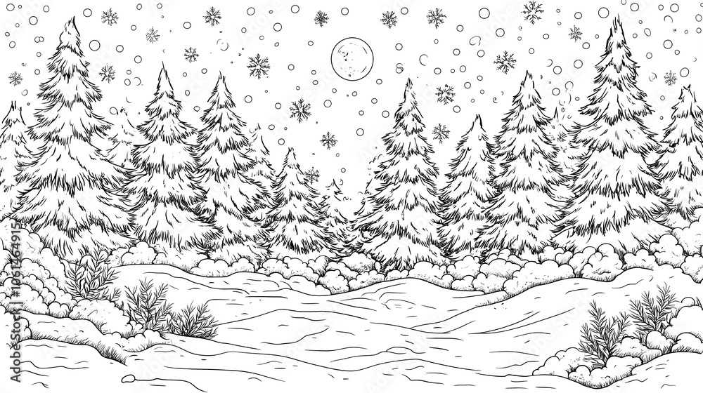 snowy landscape with pine trees and pine forest , A coloring page for adults, with thick lines, in black and white snowy landscape with pine trees and pine forest , A coloring page for adults, with thick lines, in black and white