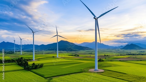 Scenic Sunset Over Wind Turbines and Green Fields