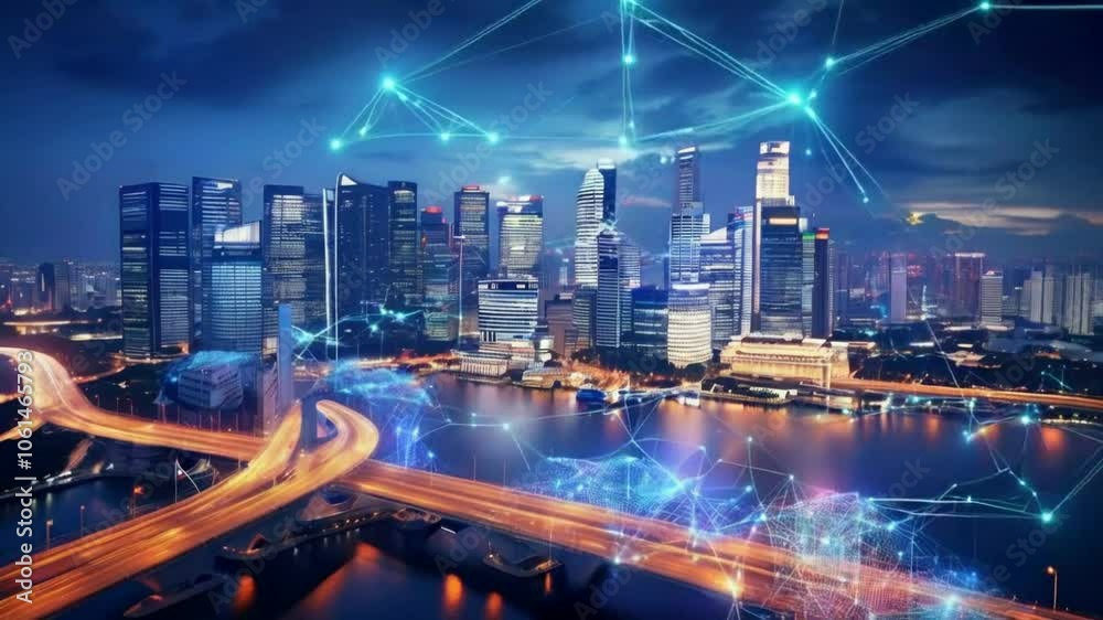  Wireless connections over San Francisco Holographic lines connecting a smart city. Futuristic network. Arch. Representing concepts as: Smart city, IOT, AI, cloud computing, wireless technology. 